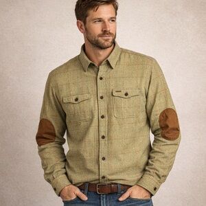 Orvis Green Checkered Shirt Brown Patch Button Down Flannel Shirt (XXL)